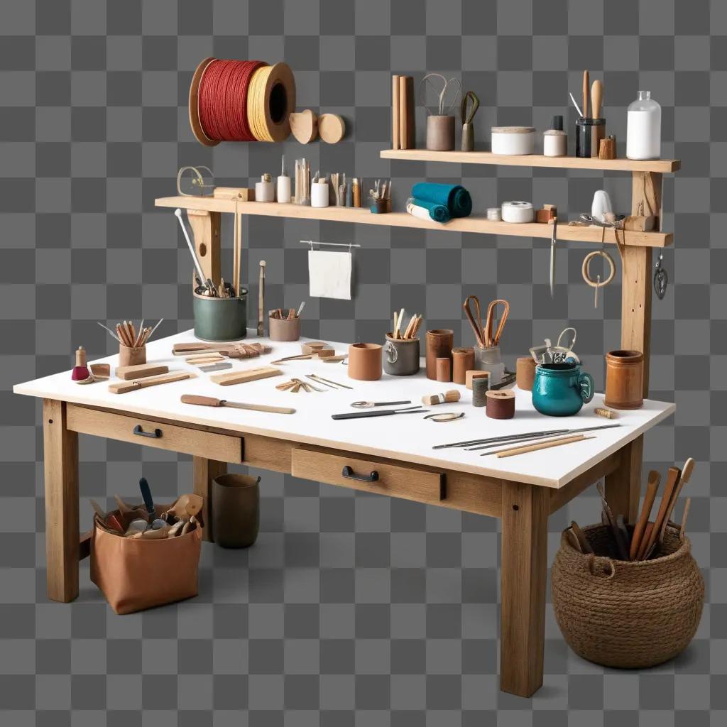 Crafting table with various tools and baskets