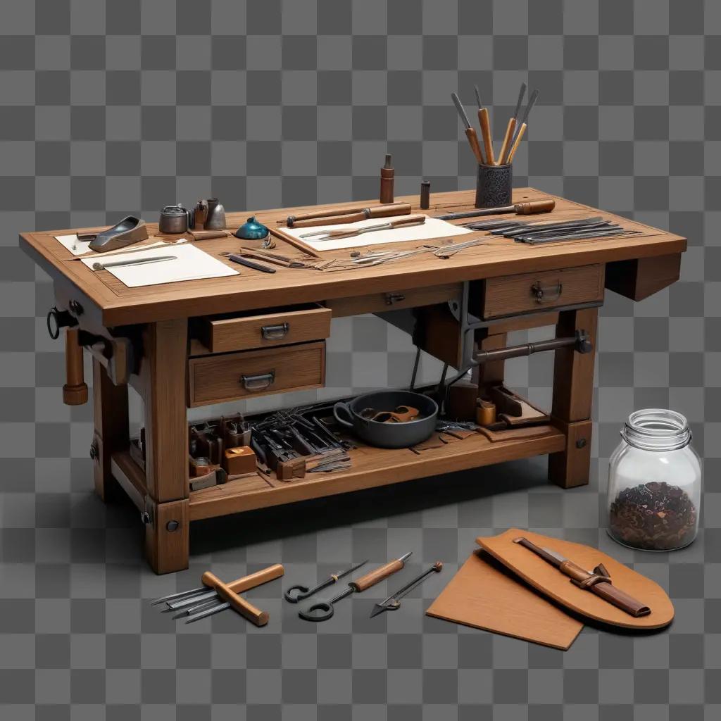 Crafting table with various tools and supplies