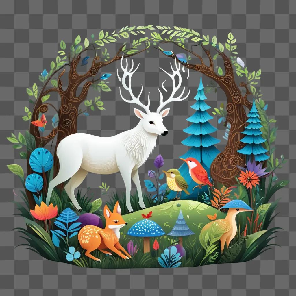 Crafty woodland scene with deer, birds and butterflies