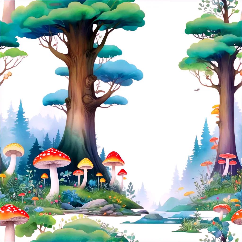 Create a colorful, imaginary forest scene with mushrooms and trees