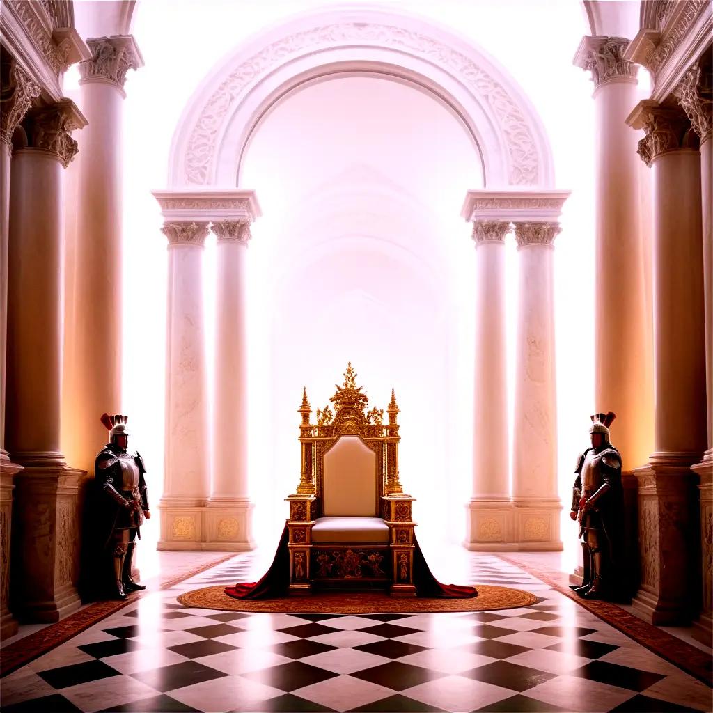 Create a grandiose palace scene with ornate pillars, golden throne, and statues