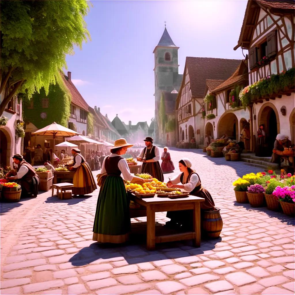 Create a lively scene of people shopping at a market