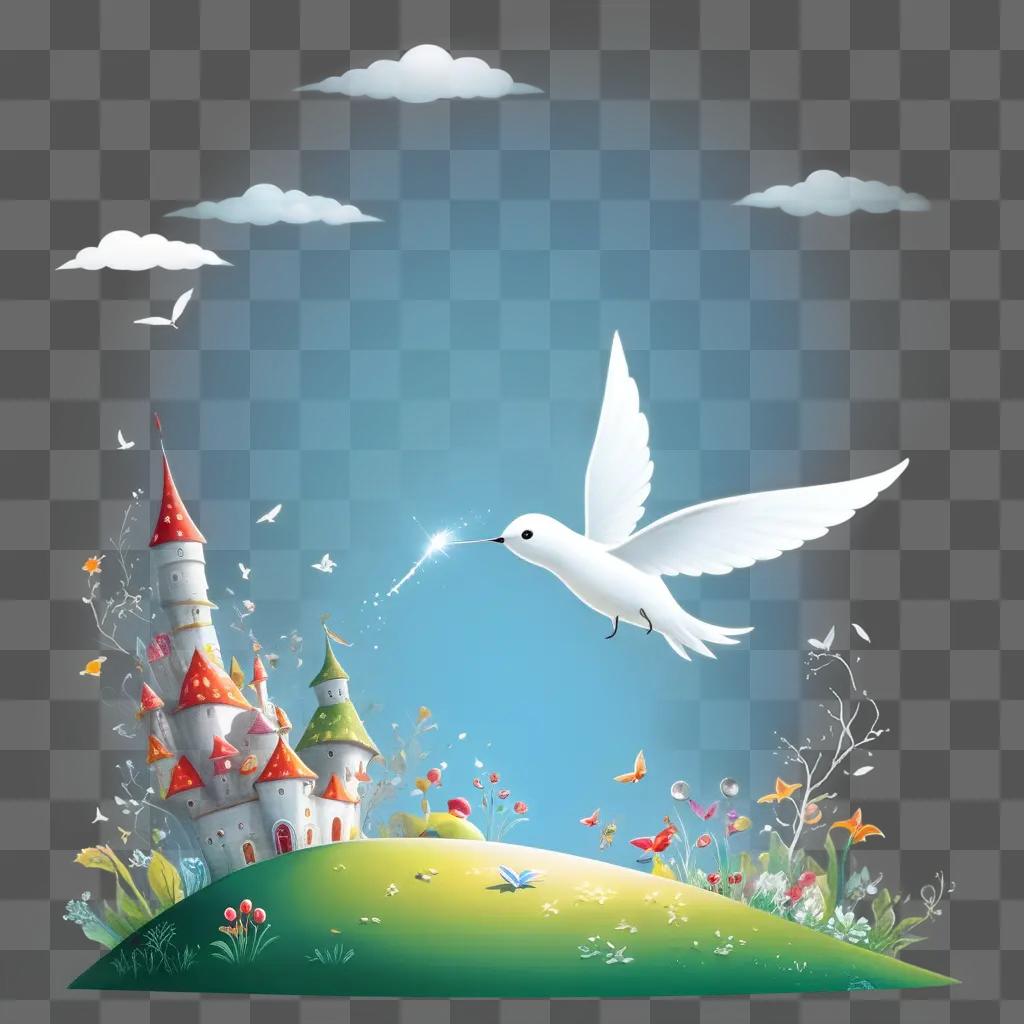 Creative artwork featuring a white bird flying above a castle