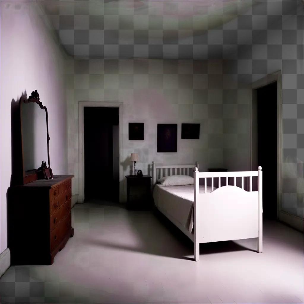 Creepy bedroom with white bed and empty nightstand