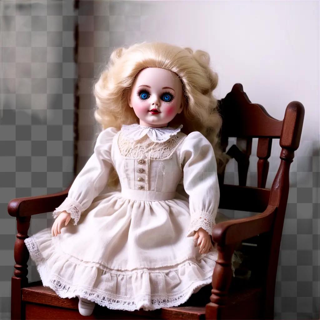 Creepy doll sits on a wooden chair