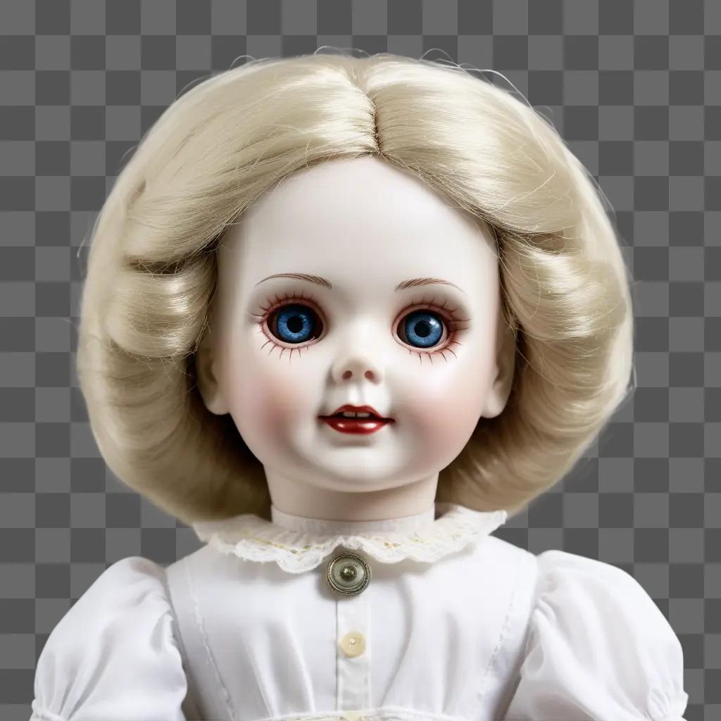 Creepy doll with blue eyes and blonde hair