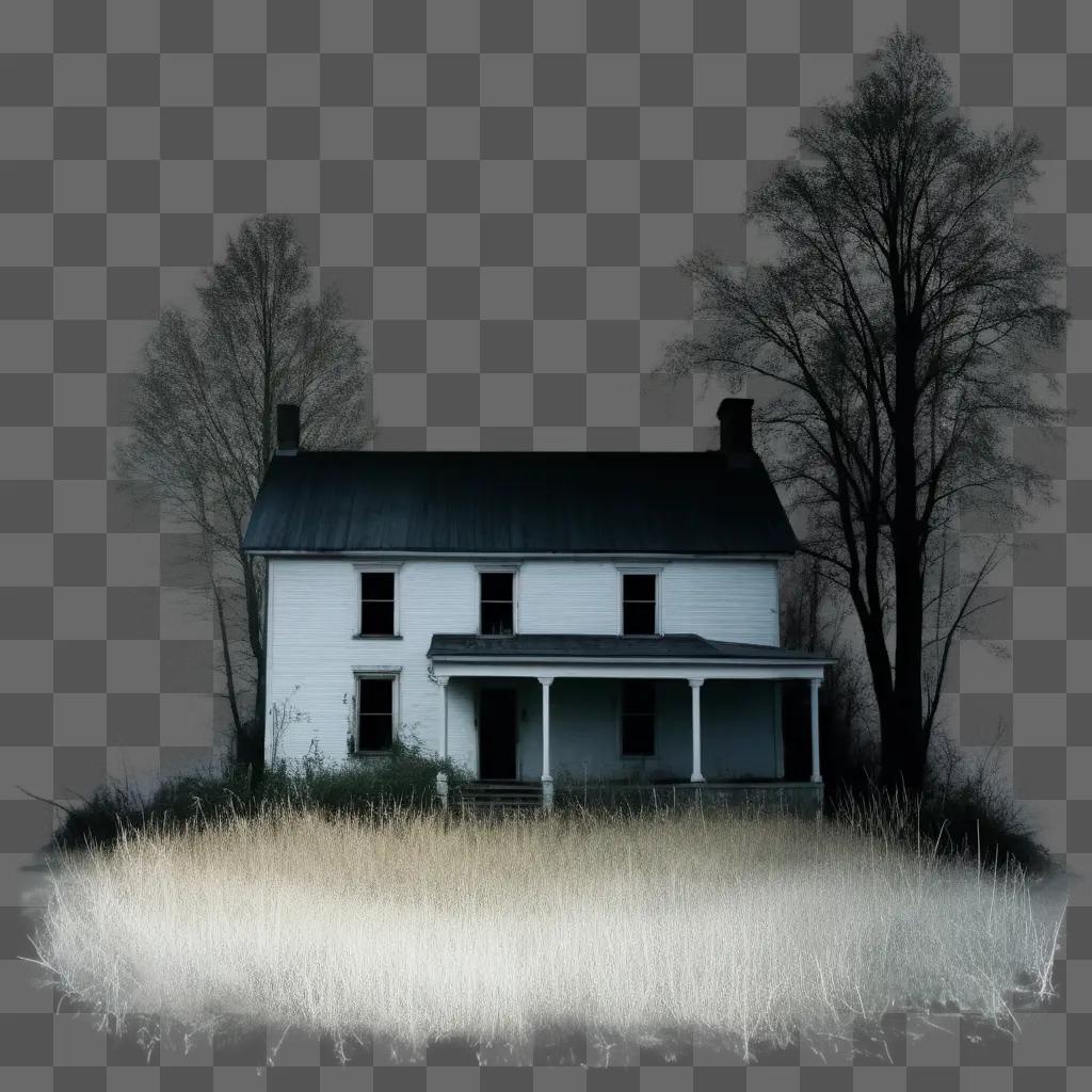 Creepy house in the dark with tall grass