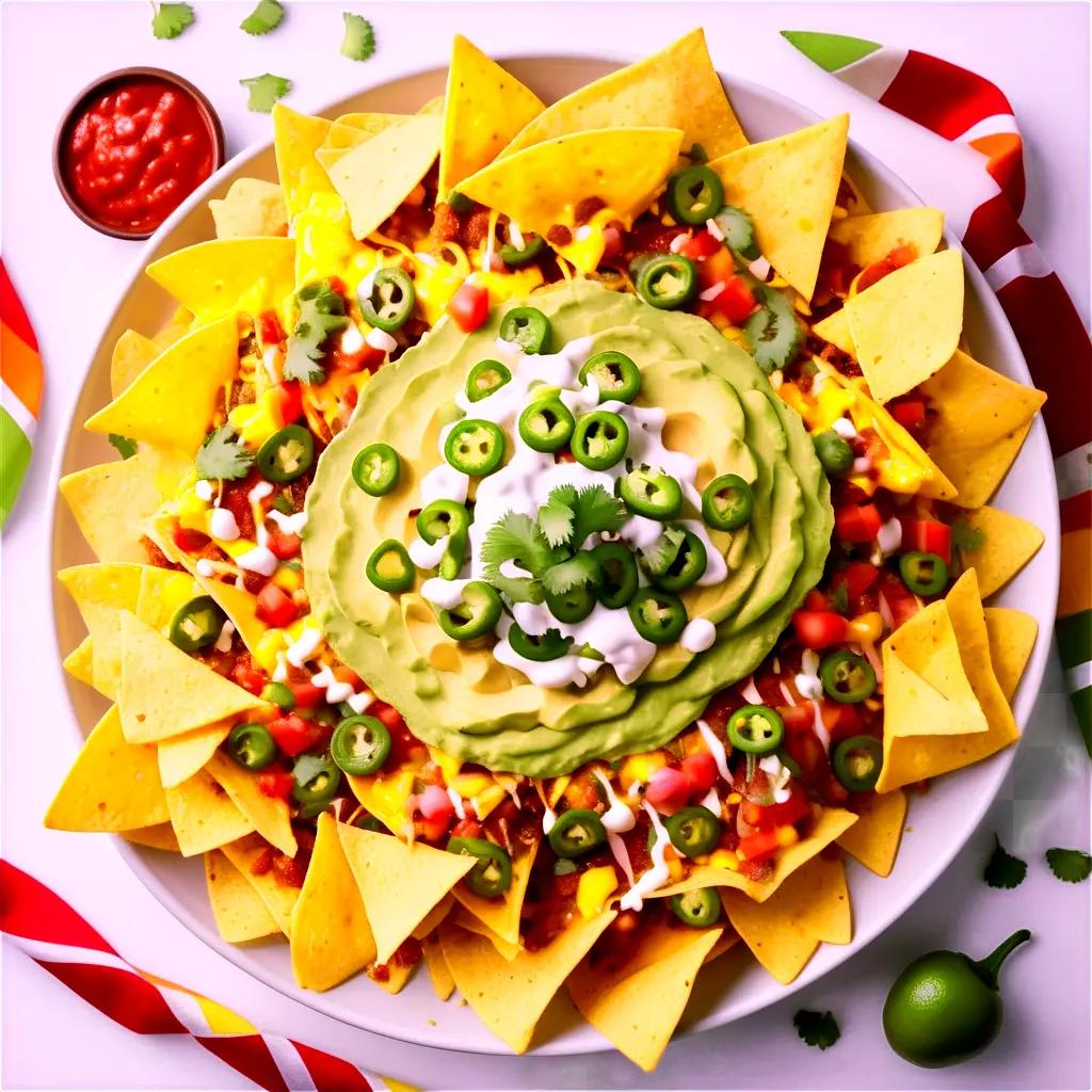 Crispy nachos topped with guacamole and salsa