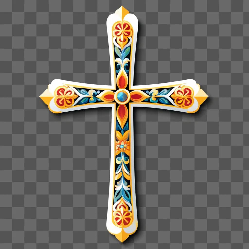 Cross with colorful design and gemstones on a beige background