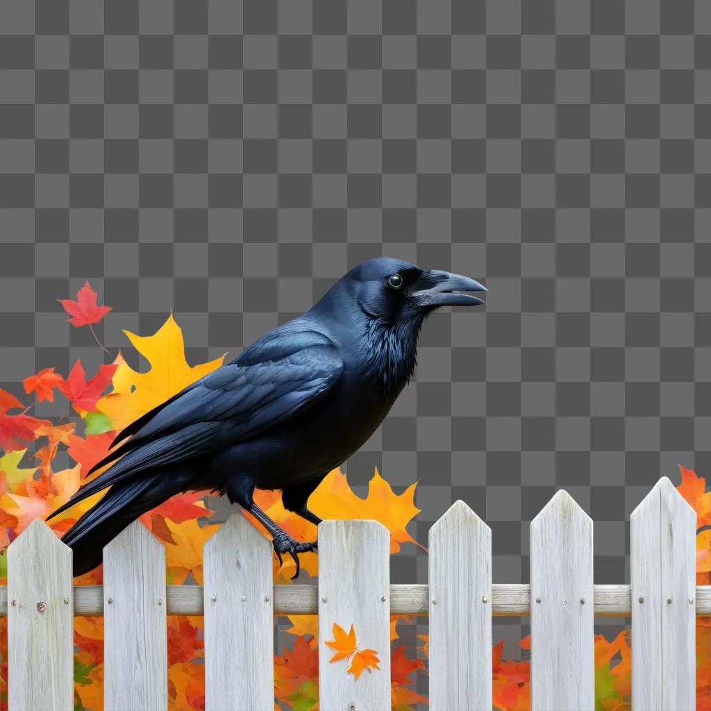 Crow on fence with fall leaves