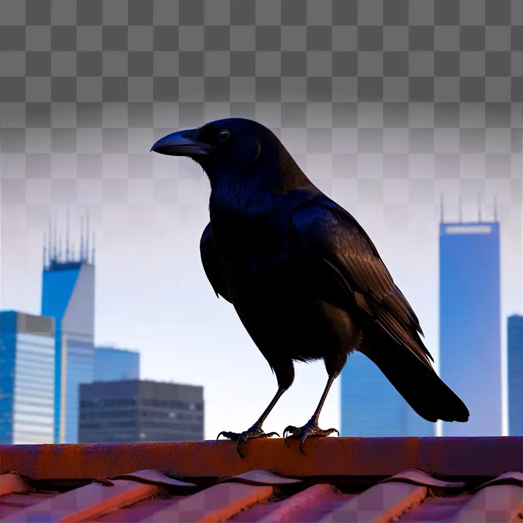 Crow on roof with city skyline in background