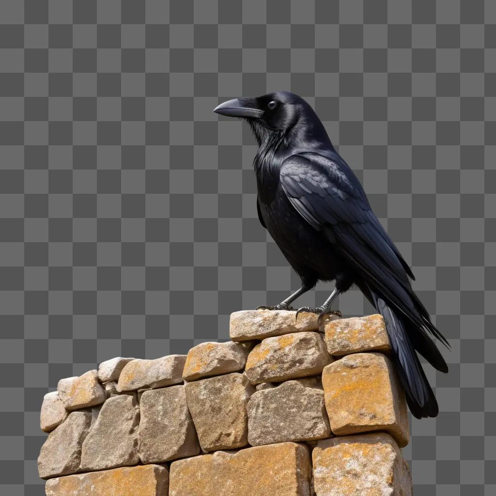 Crow perches on stone wall against a blurred background