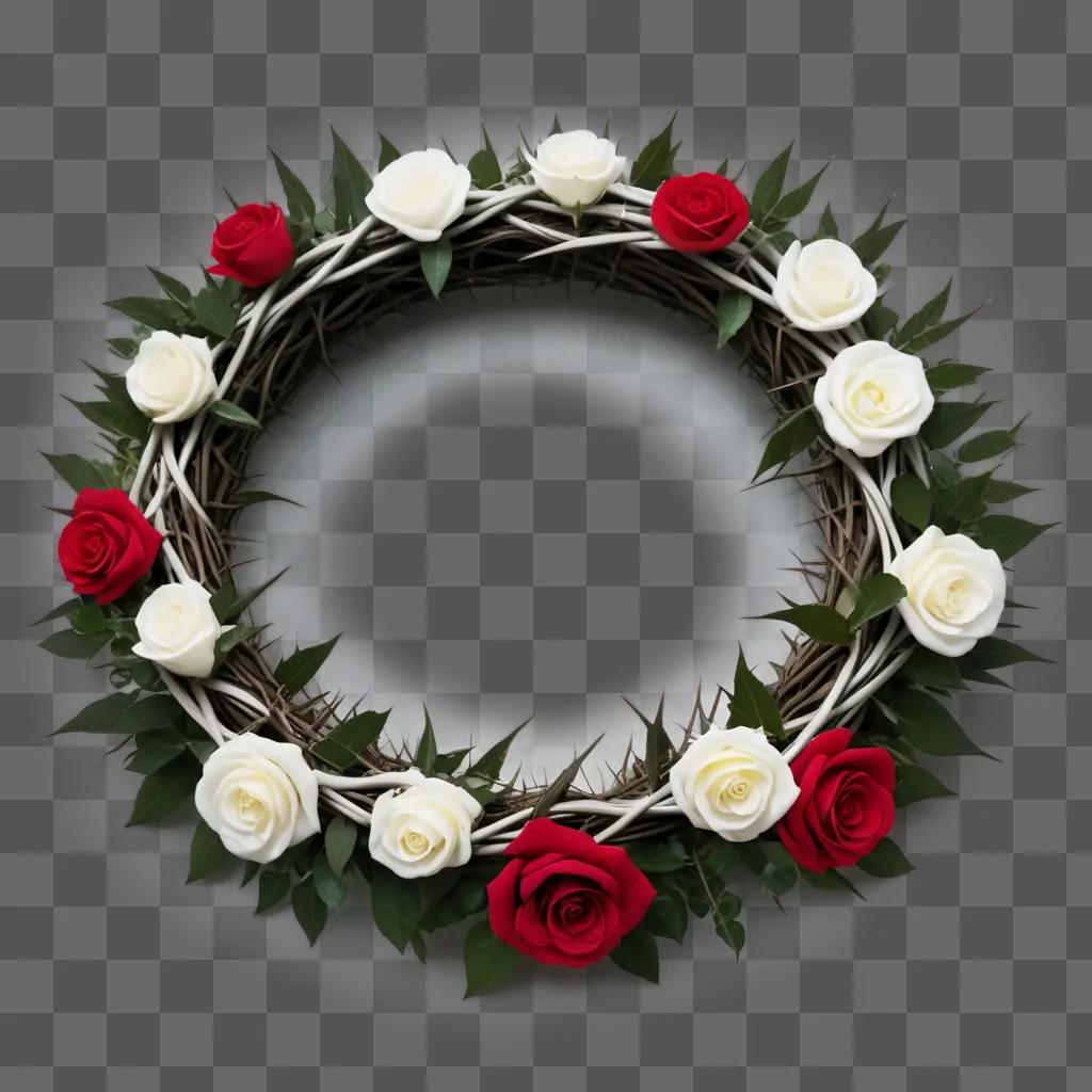 Crown of thorns wreath with red and white roses