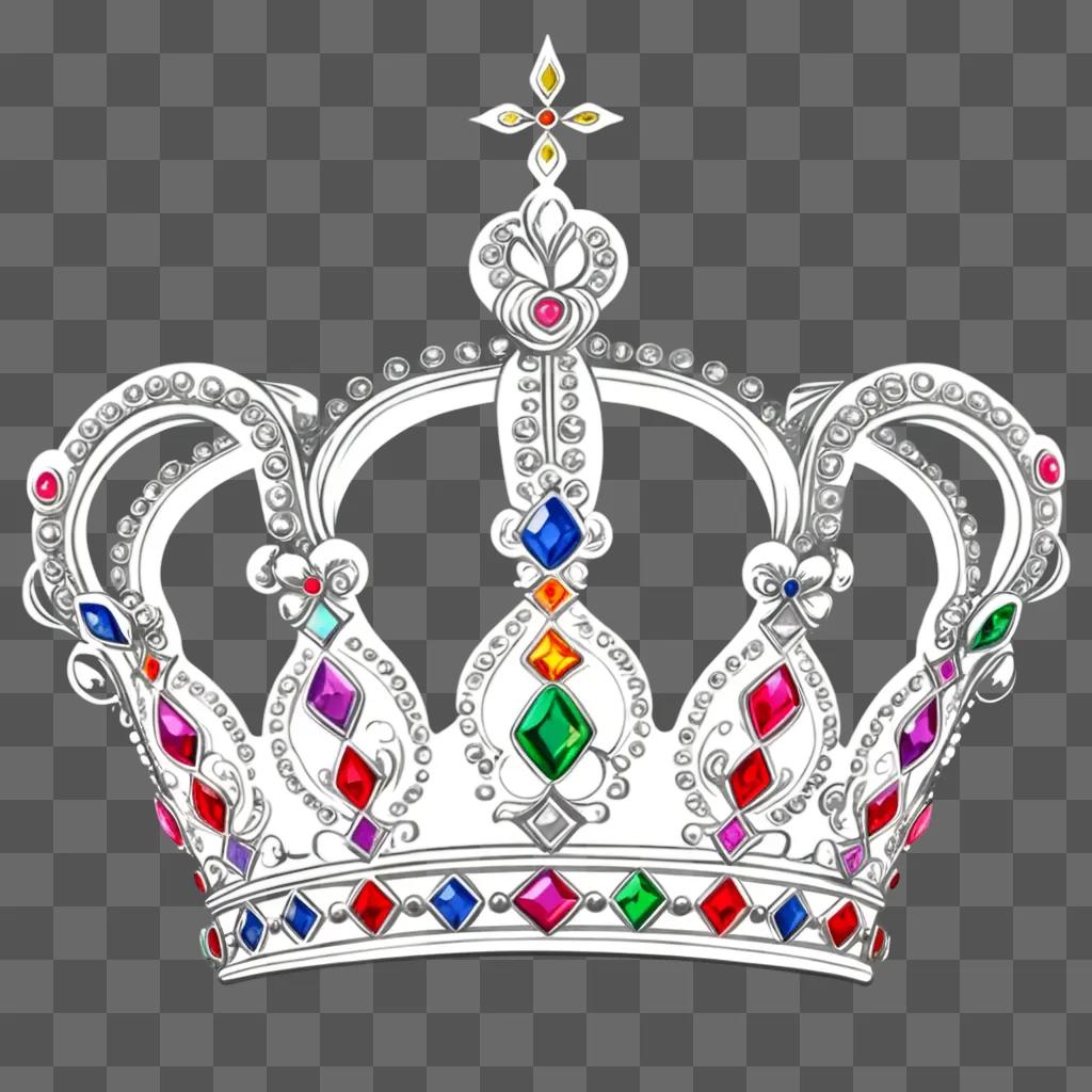 Crown with multicolored jewels, drawing on a white background