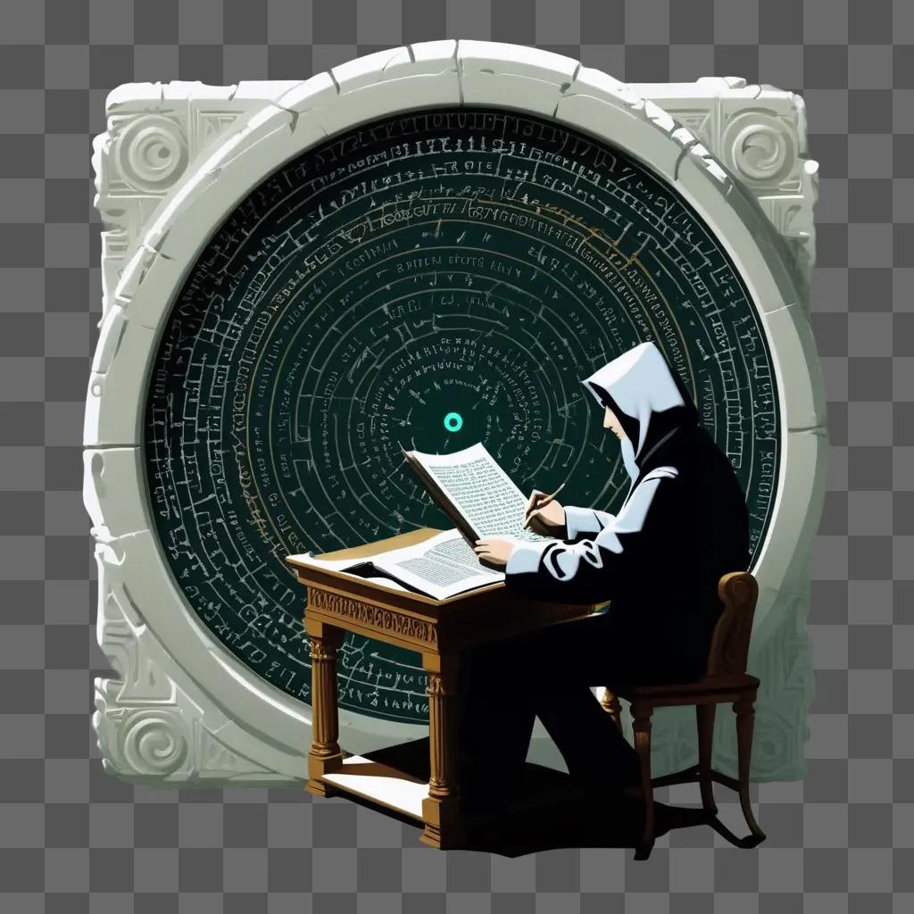 Cryptographer in a hooded white outfit working at a desk