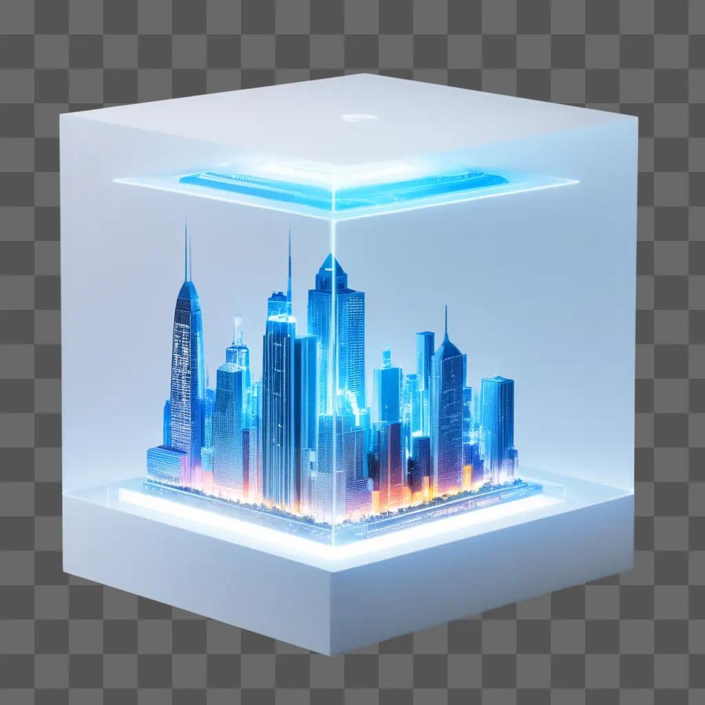 Crystal cube displaying a cityscape with glowing neon lights