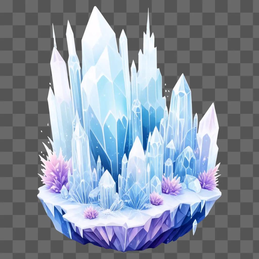 Crystal sculpture on blue background, with purple flowers