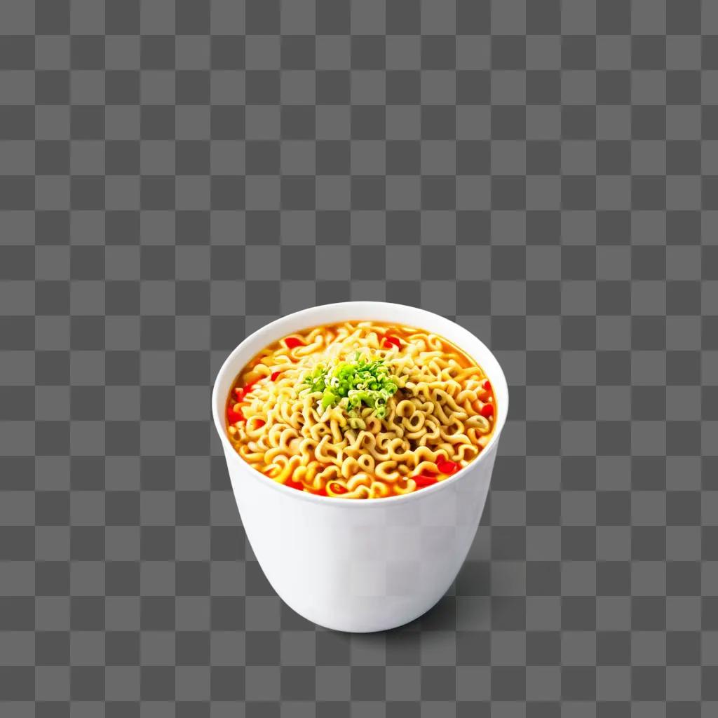 Cup noodles sit in a white bowl on a brown table