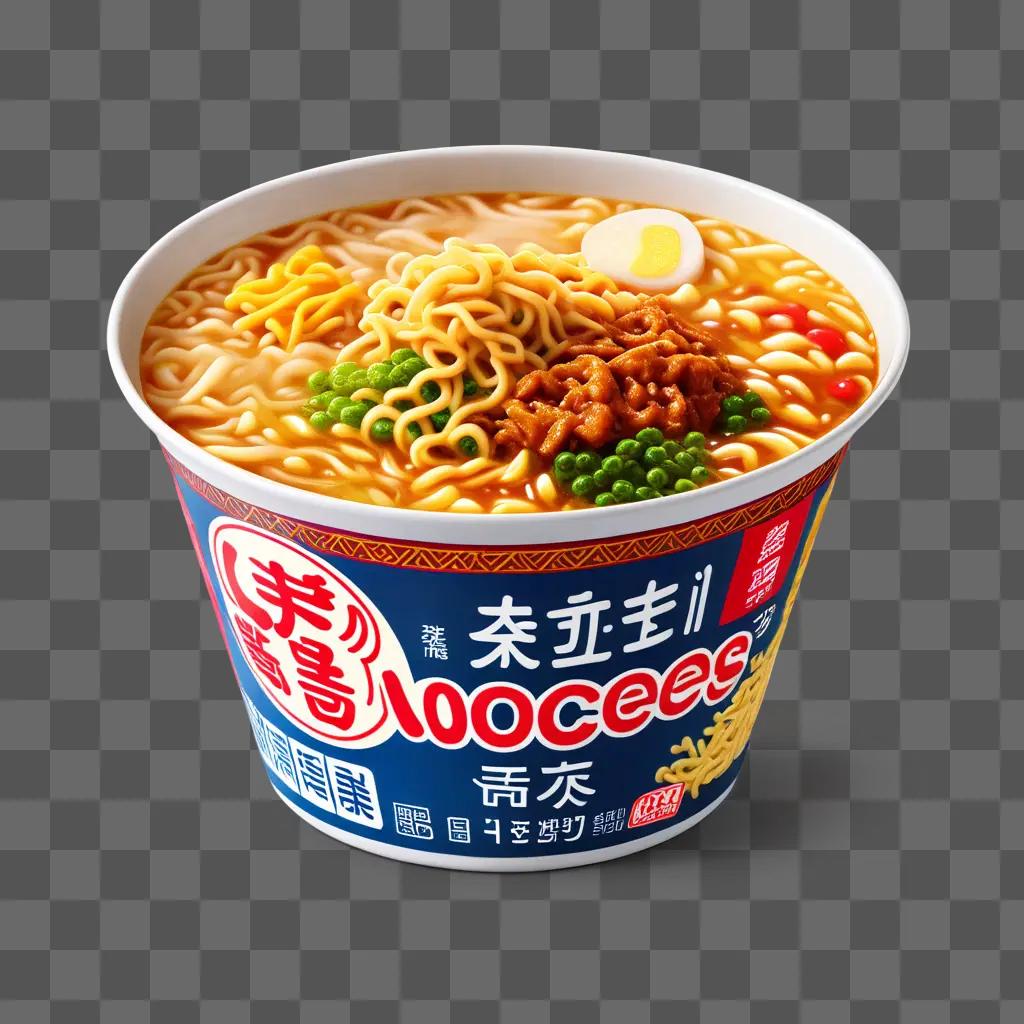 Cup noodles with egg and vegetables in a blue cup