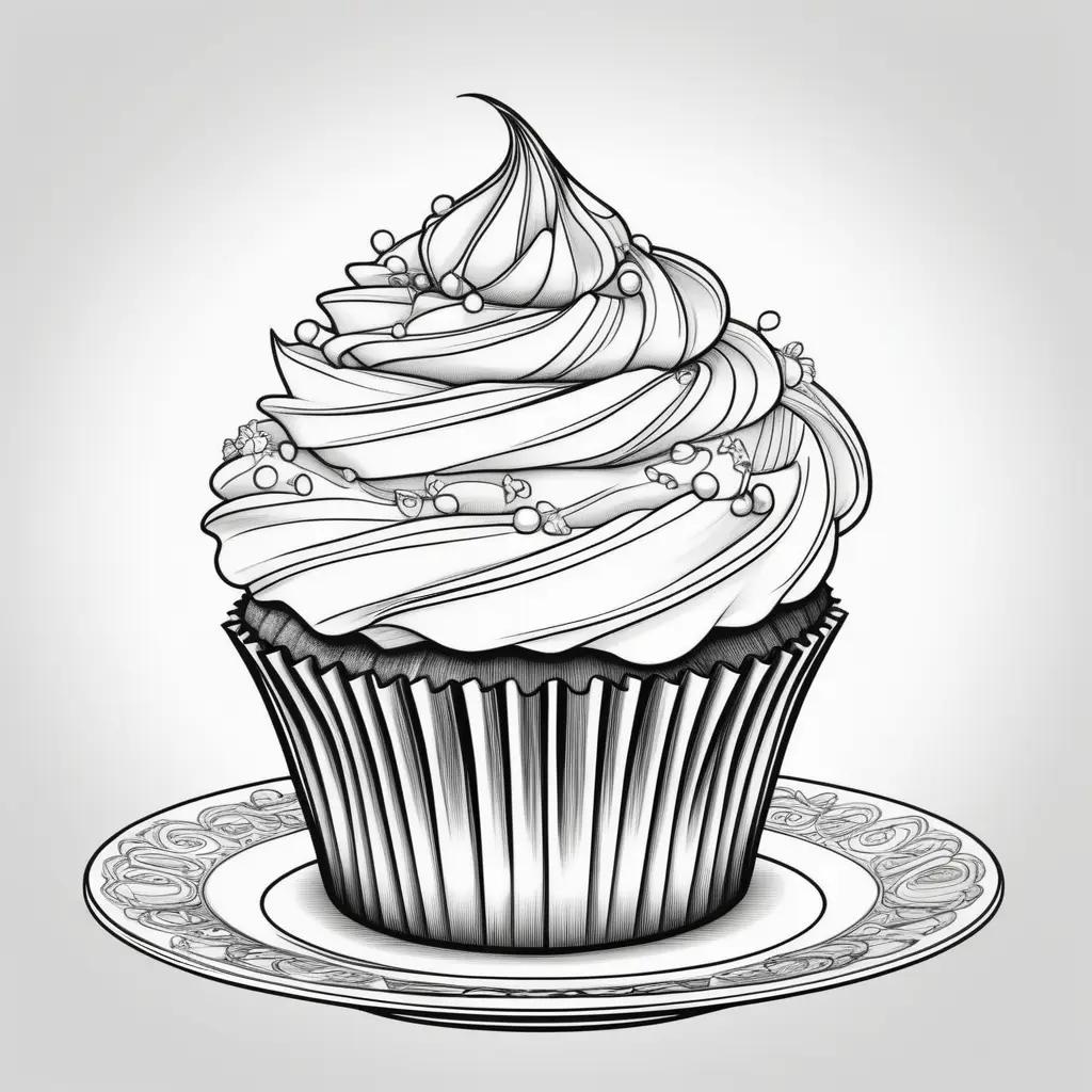 Cupcake on plate in black and white coloring pages