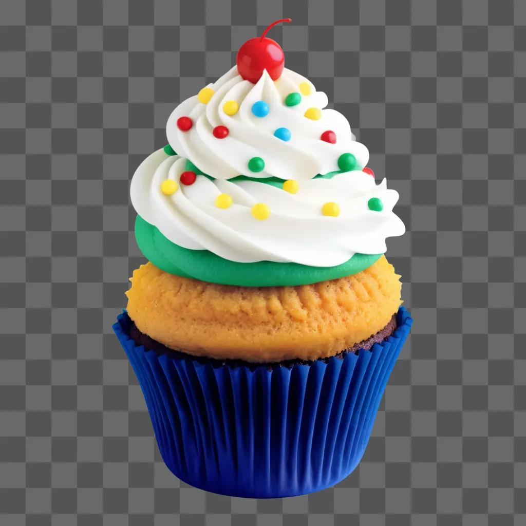 Cupcake with cherry and colorful icing on blue cupcake liner