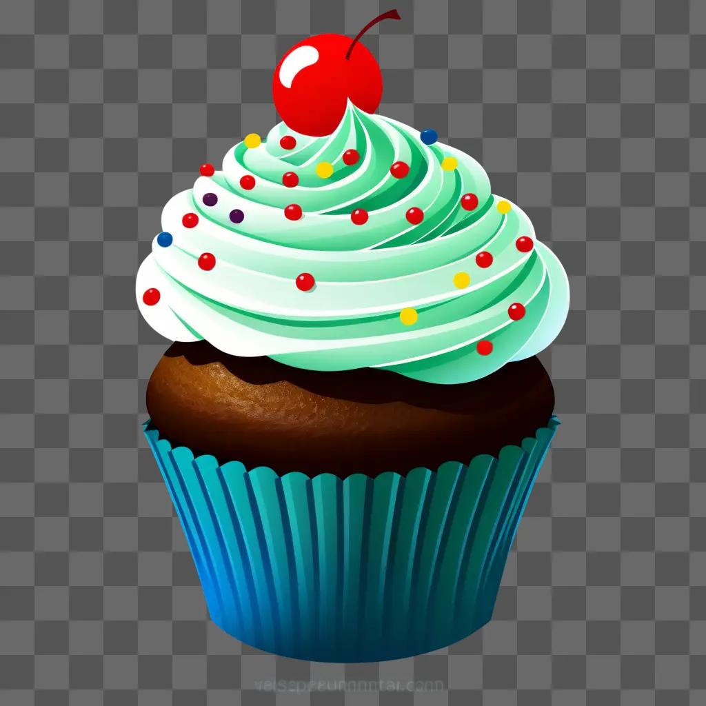 Cupcake with cherry and colorful sprinkles in blue cupcake clipart