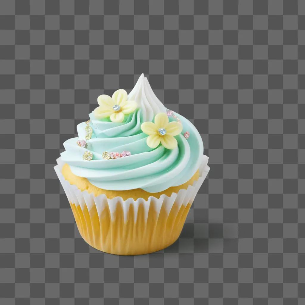 Cupcake with frosting and yellow flowers on a transparent background