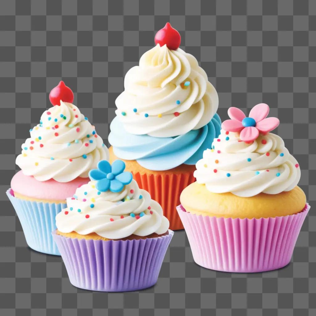 Cupcakes in various colors with sprinkles and flowers on them