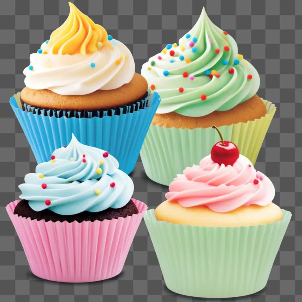 Cupcakes with colorful frosting and sprinkles in different colors