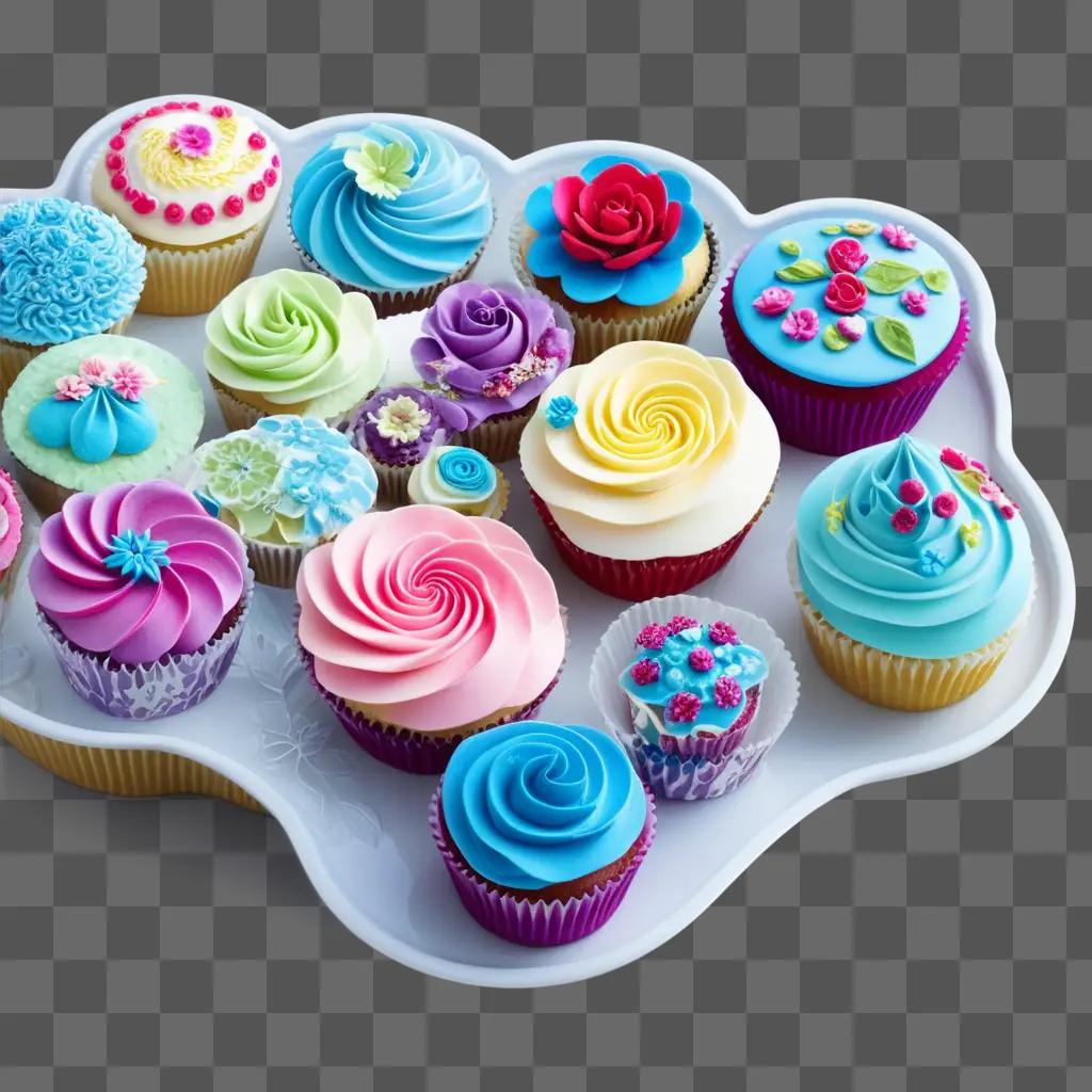 Cupcakes with colorful frosting and transparent cupcake liners on a tray