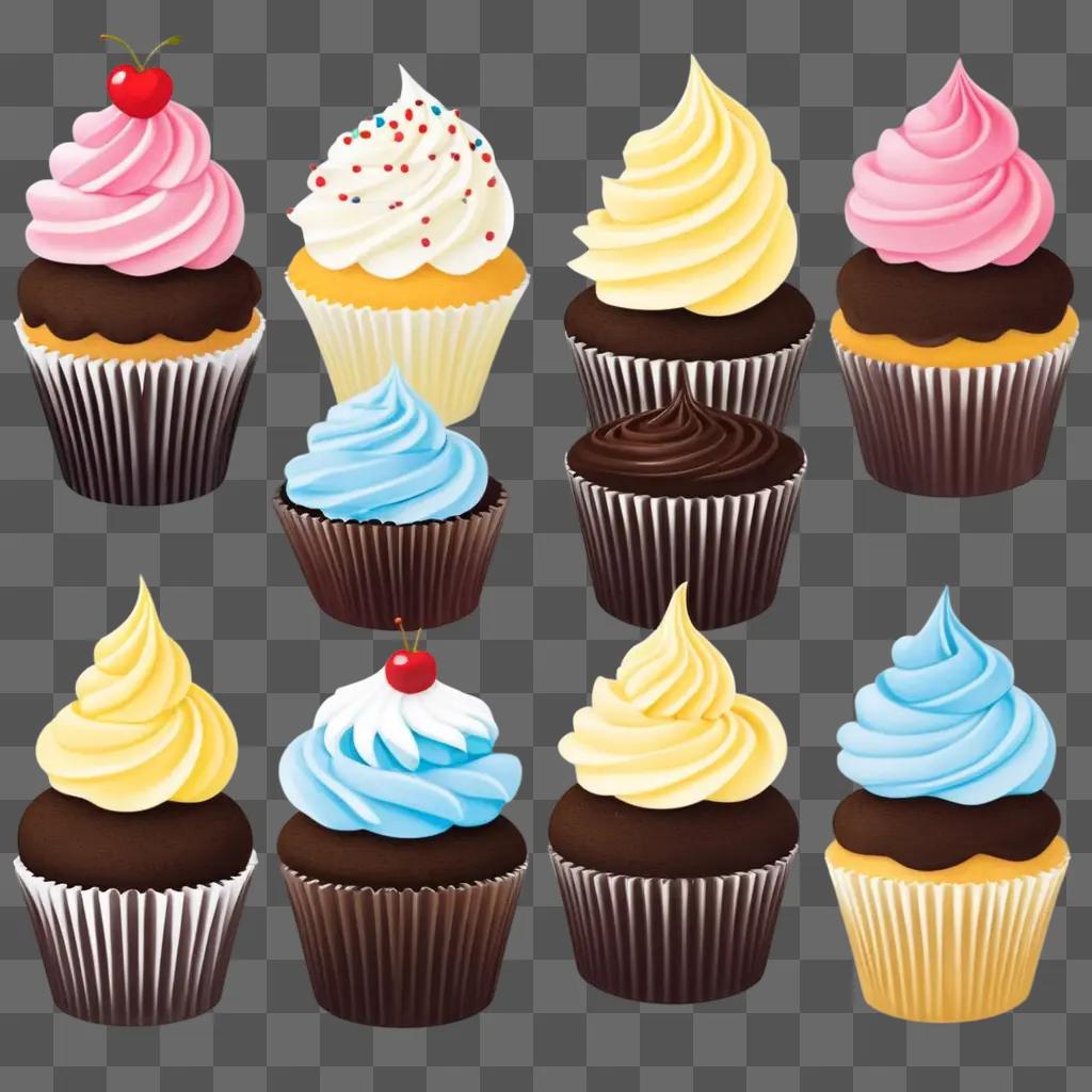 Cupcakes with various toppings displayed in a 3D graphic