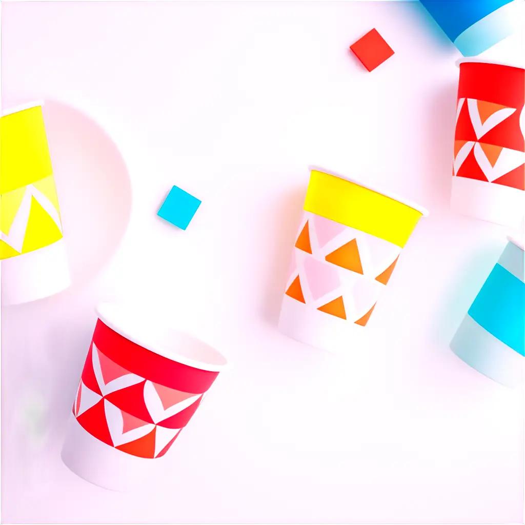 Cups with triangles on the side and a blue and orange color scheme