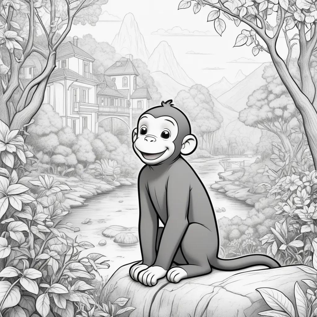 Curious George coloring pages featuring a smiling monkey in a forest