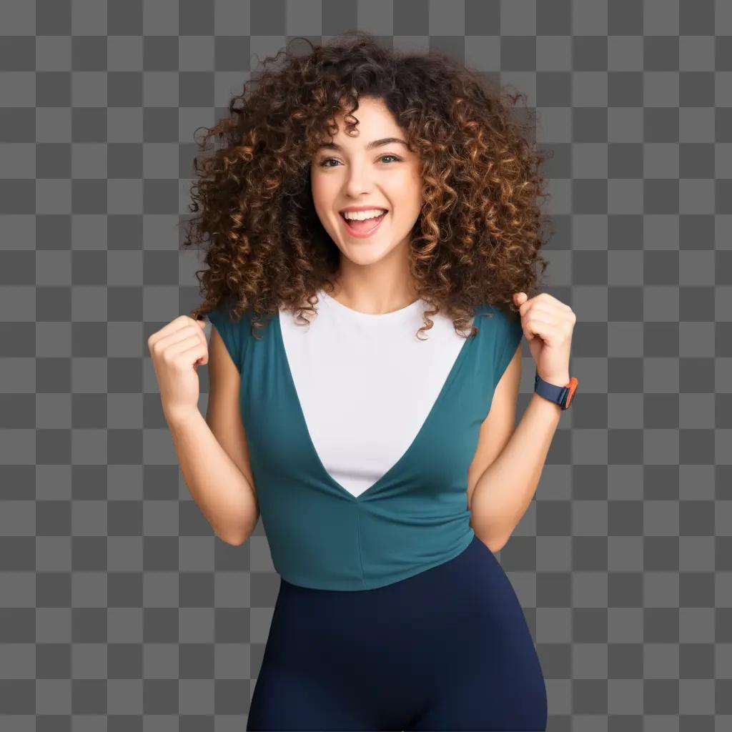 Curly-haired woman in a green top and blue pants