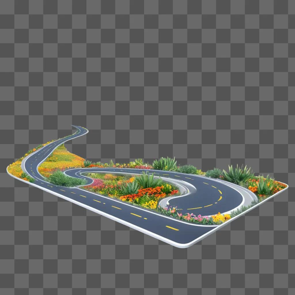 Curved road trip with colorful flowers in the foreground