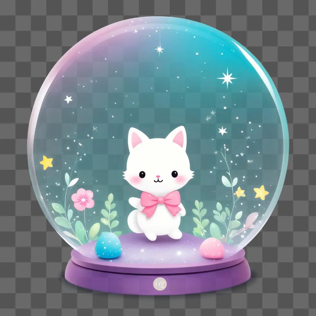 Cute, transparent cat with a pink bow and starry sky