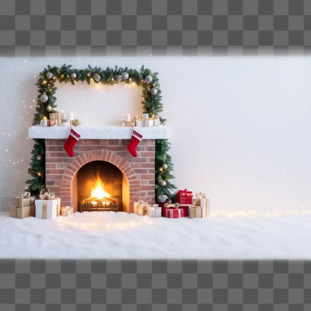 Cute Christmas background with fireplace, stockings, and gifts