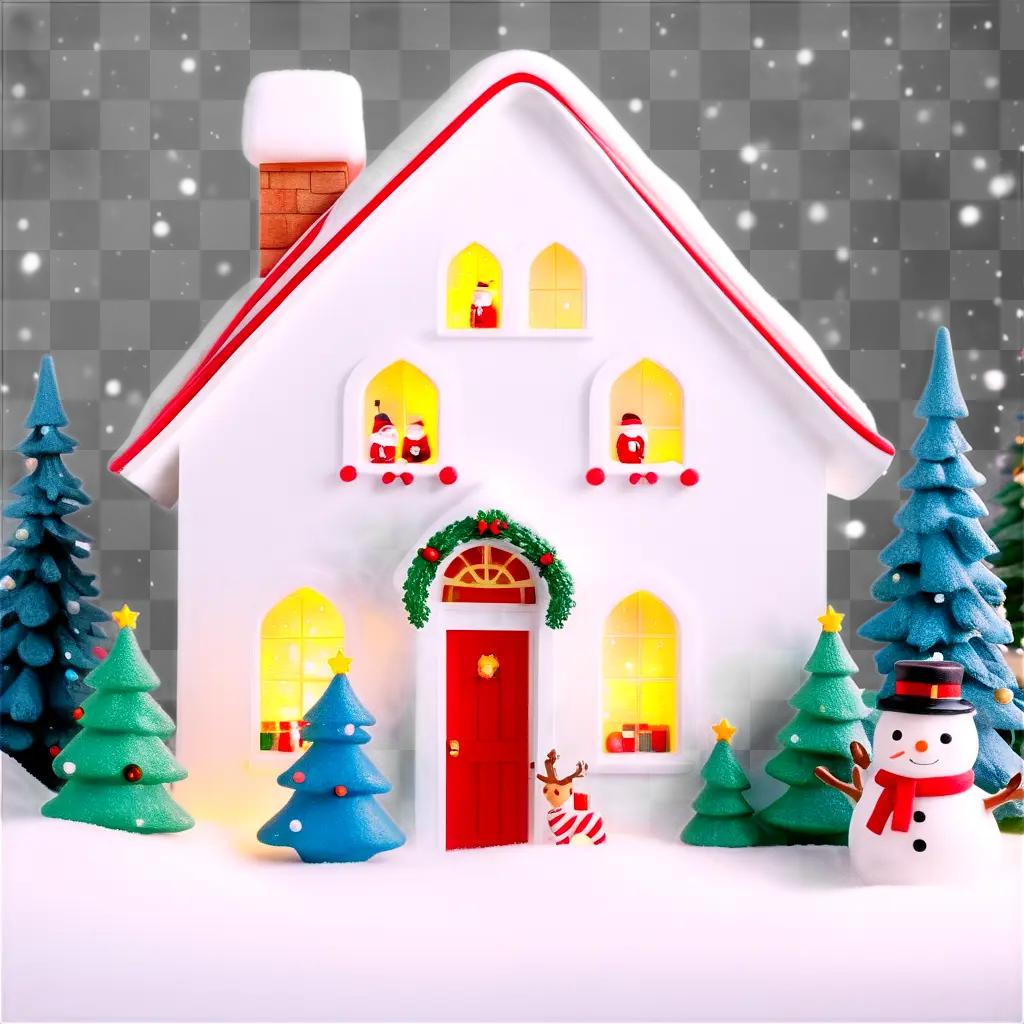 Cute Christmas scene with snowman and trees