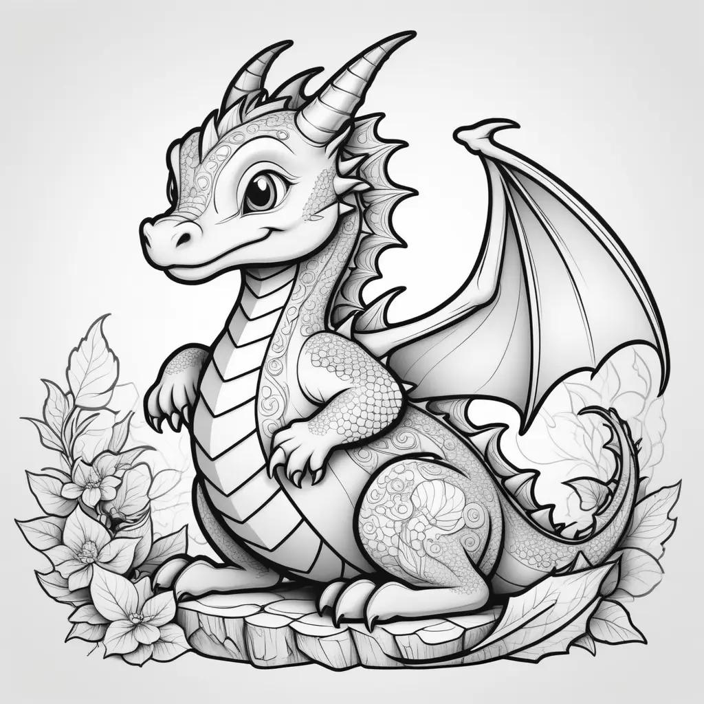 Cute Coloring Page of a Dragon with Flowers