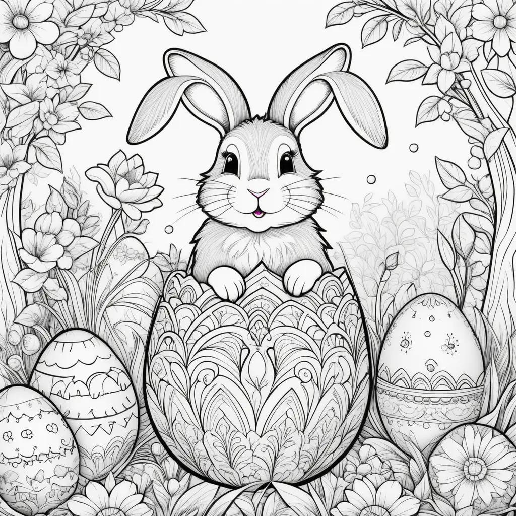 Cute Easter Bunny Coloring Page with Flowers and Eggs