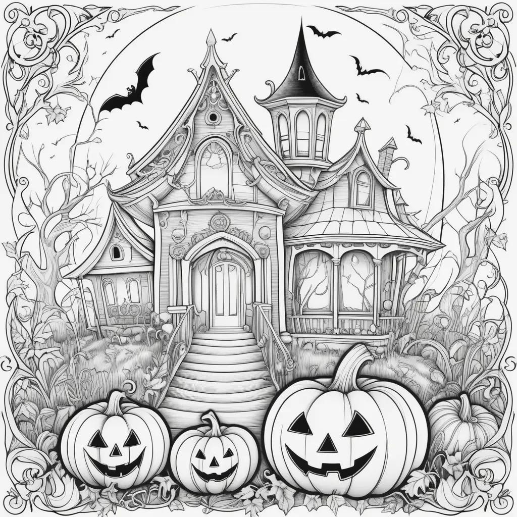 Cute Halloween Coloring Pages Featuring a Ghostly House and Jack-o-Lanterns