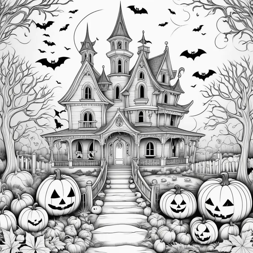 Cute Halloween Coloring Pages Featuring a Haunted House and Pumpkins