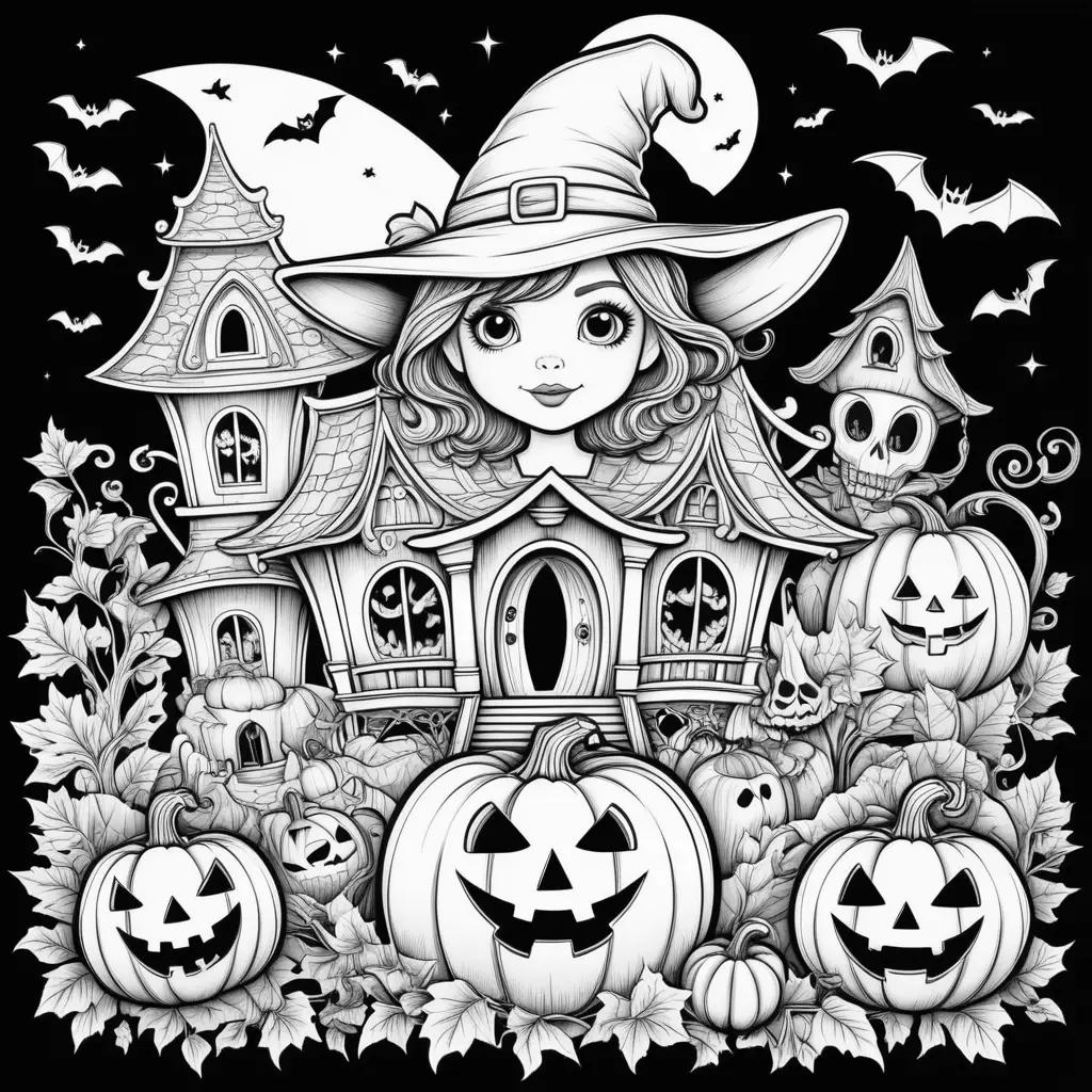 Cute Halloween Coloring Pages with Witch, House, and Pumpkins