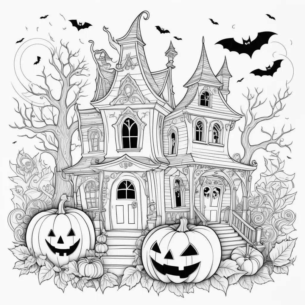 Cute Halloween Coloring Pages with a scary house and pumpkins