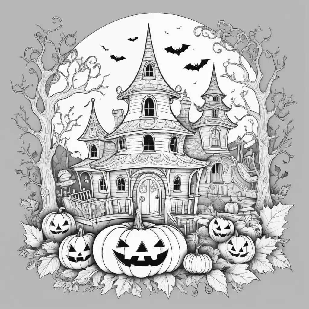 Cute Halloween coloring pages of a haunted house and pumpkins