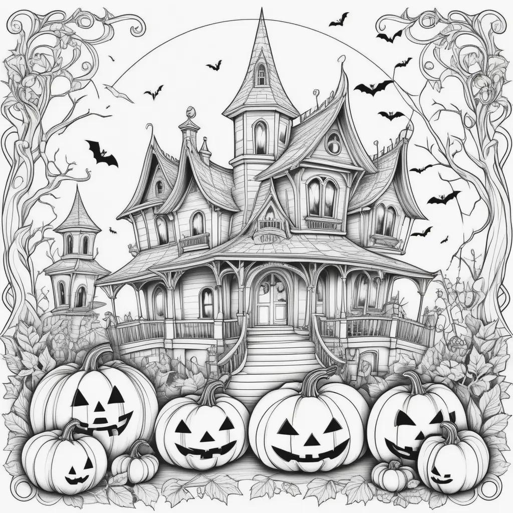 Cute Halloween coloring pages with a spooky house and pumpkins