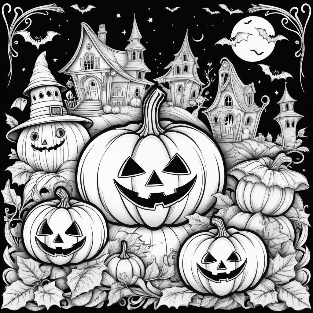 Cute Halloween coloring pages with black and white pumpkins