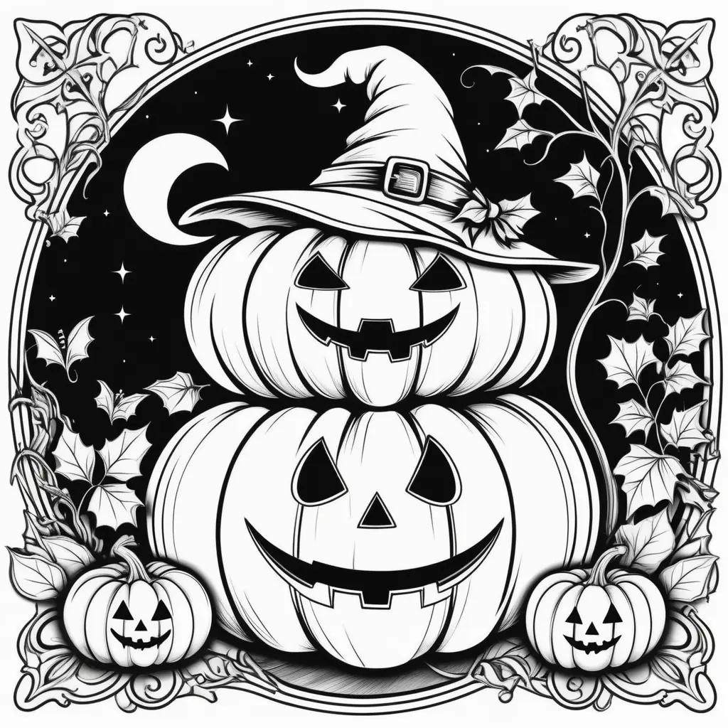 Cute Halloween coloring pages with pumpkins and witch hat