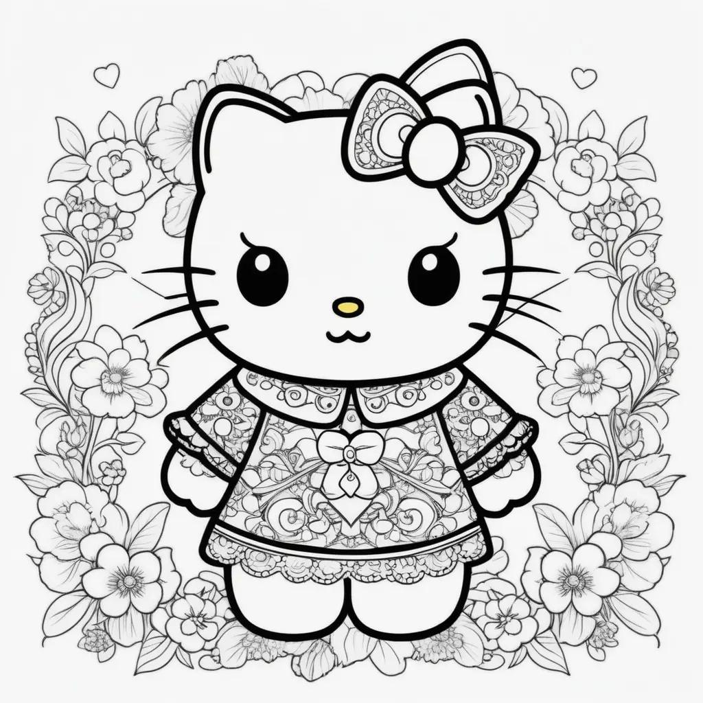 Cute Hello Kitty coloring pages with flowers and bow