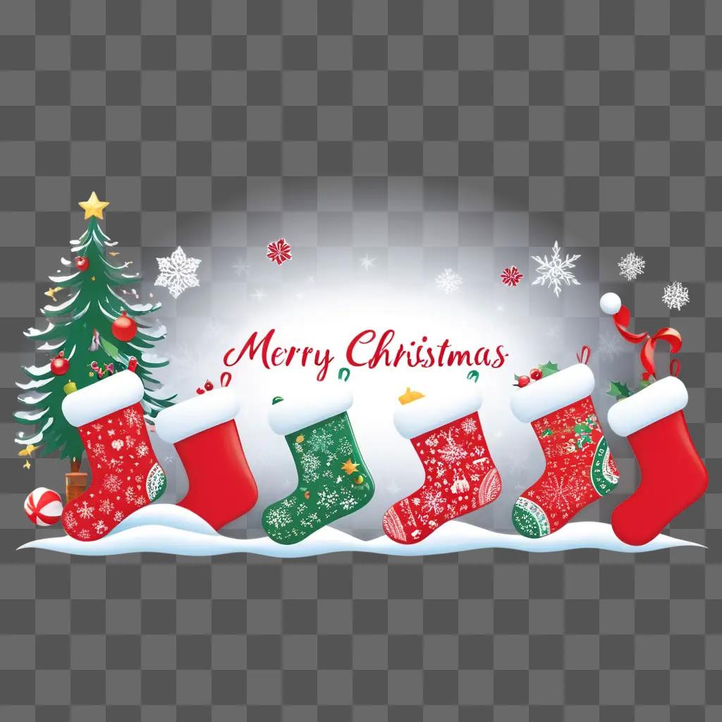 Cute Merry Christmas stocking background with snow